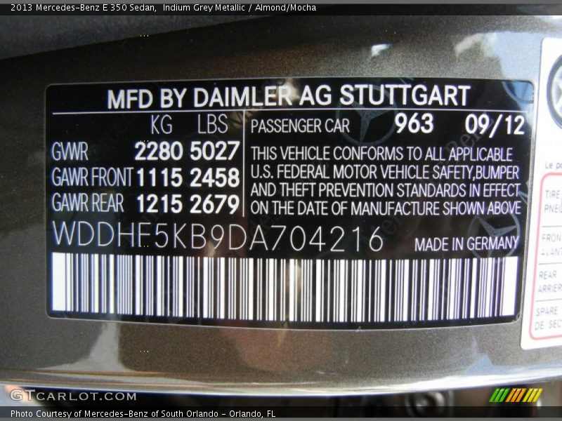 2013 E 350 Sedan Indium Grey Metallic Color Code 963
