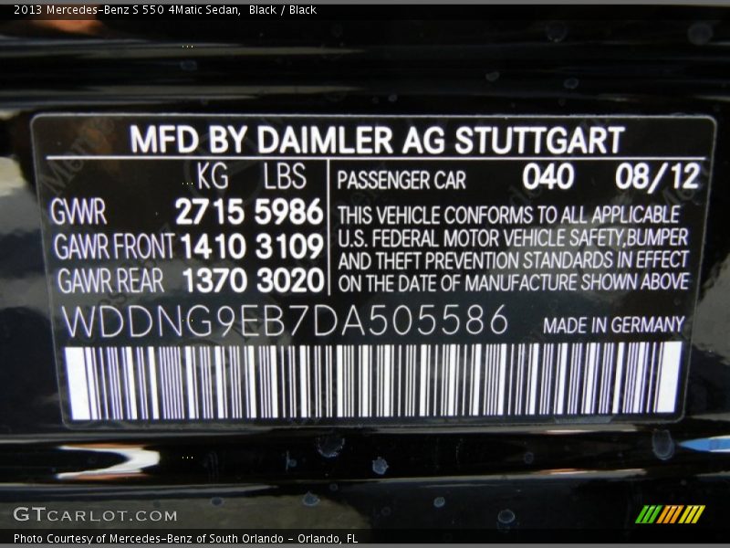 2013 S 550 4Matic Sedan Black Color Code 040