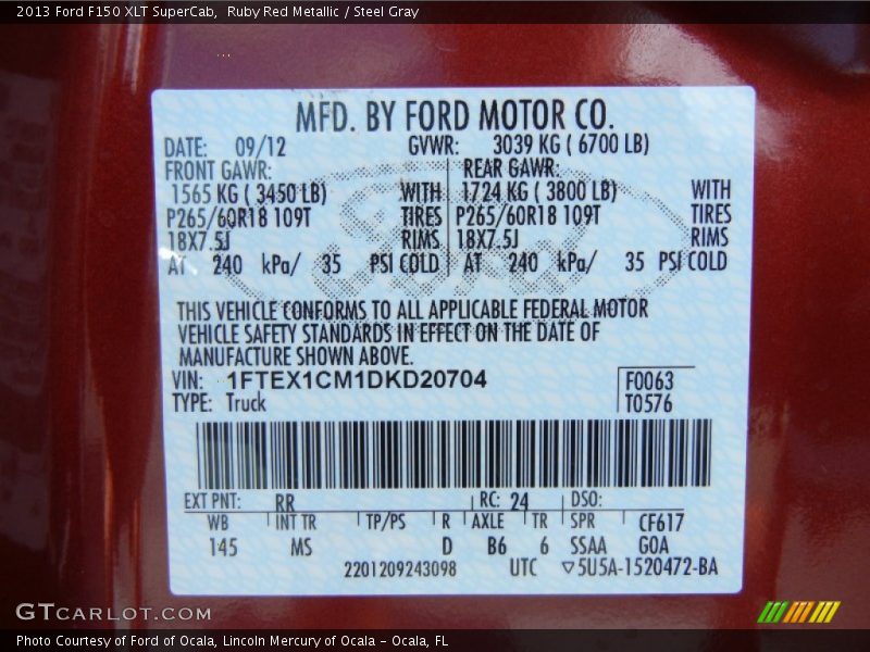 2013 F150 XLT SuperCab Ruby Red Metallic Color Code RR