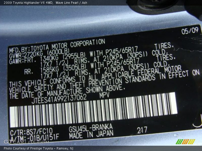 Wave Line Pearl / Ash 2009 Toyota Highlander V6 4WD