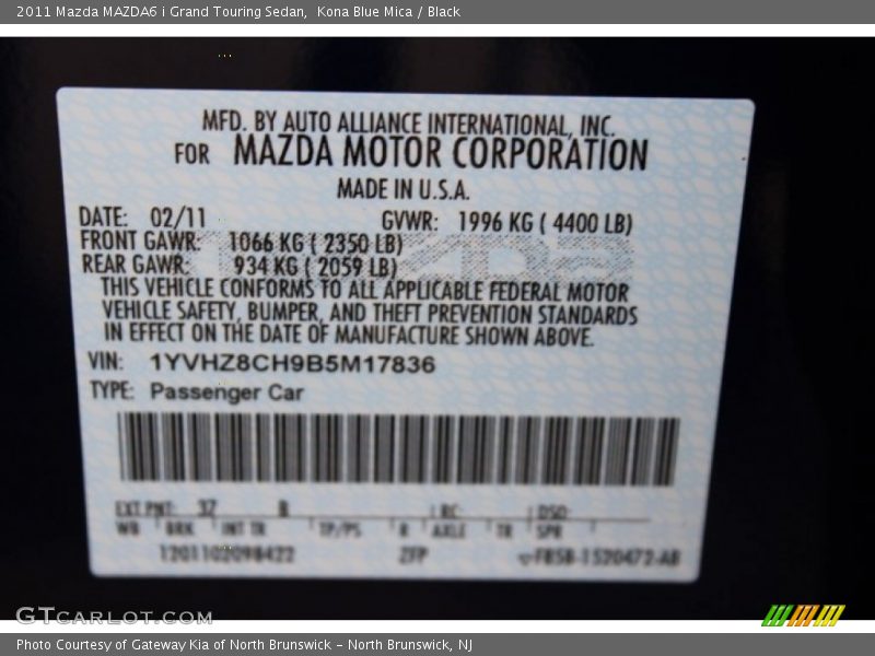 Kona Blue Mica / Black 2011 Mazda MAZDA6 i Grand Touring Sedan