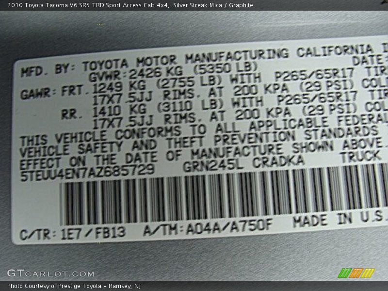 Silver Streak Mica / Graphite 2010 Toyota Tacoma V6 SR5 TRD Sport Access Cab 4x4