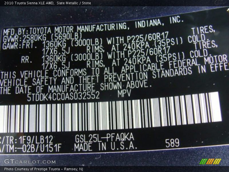Slate Metallic / Stone 2010 Toyota Sienna XLE AWD