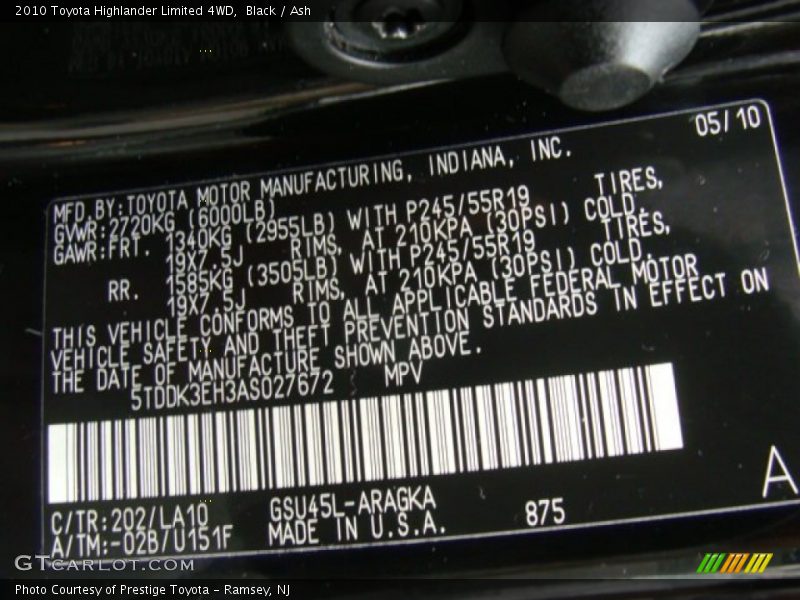 Black / Ash 2010 Toyota Highlander Limited 4WD