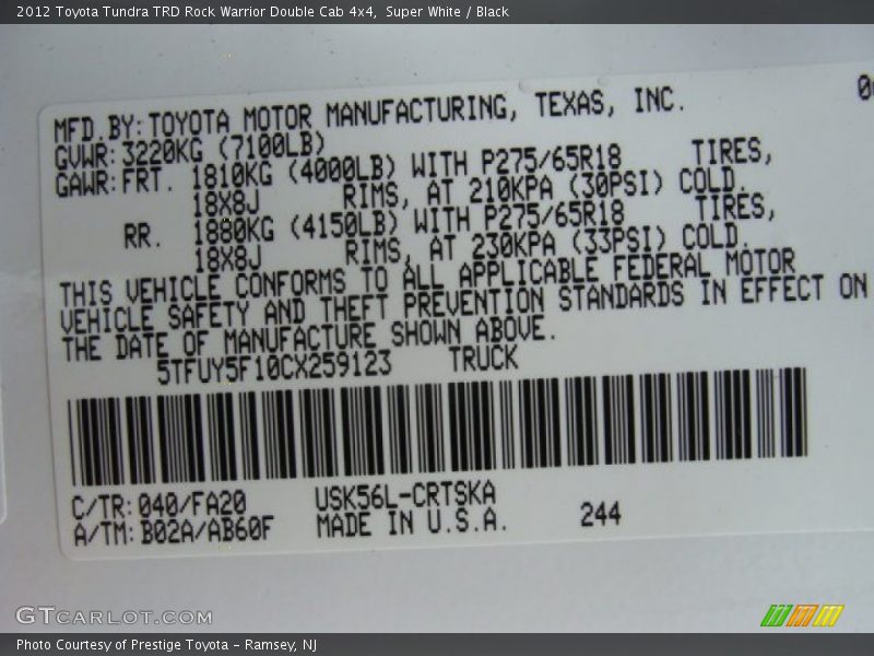 2012 Tundra TRD Rock Warrior Double Cab 4x4 Super White Color Code 040