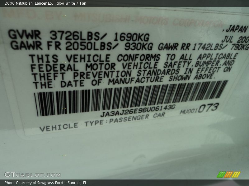 Igloo White / Tan 2006 Mitsubishi Lancer ES
