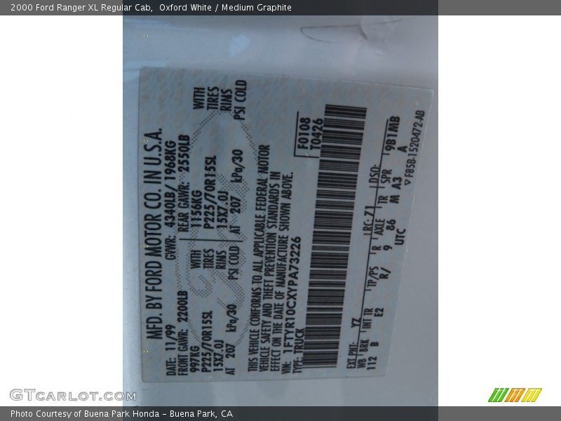 2000 Ranger XL Regular Cab Oxford White Color Code YZ