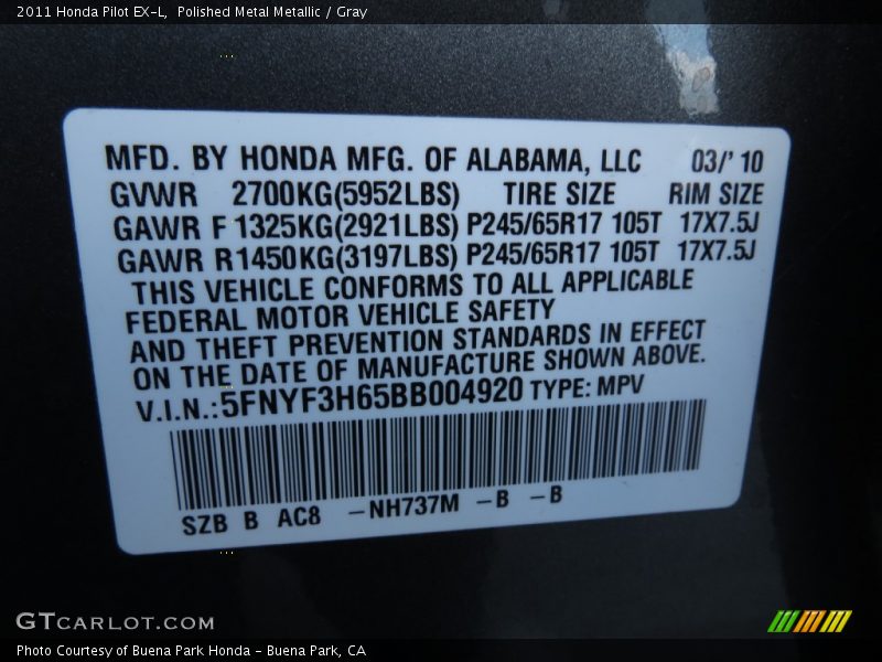 Polished Metal Metallic / Gray 2011 Honda Pilot EX-L