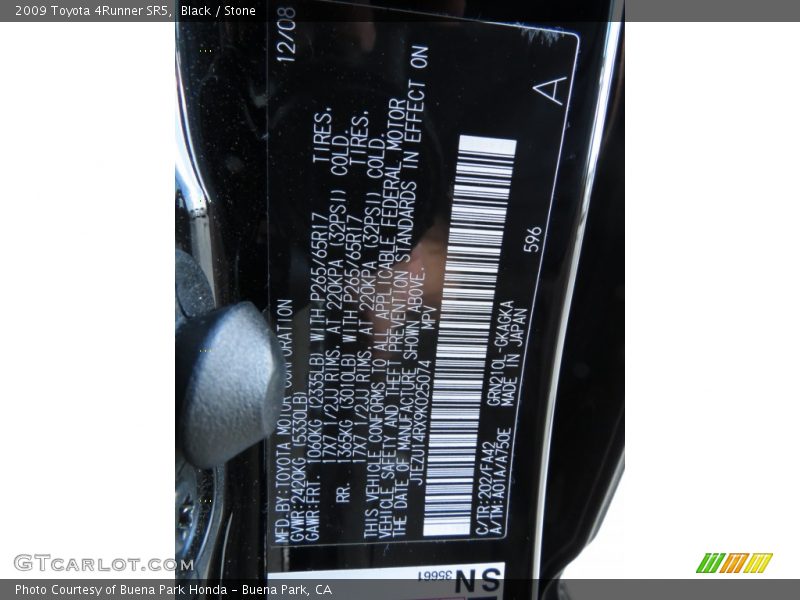 2009 4Runner SR5 Black Color Code 202