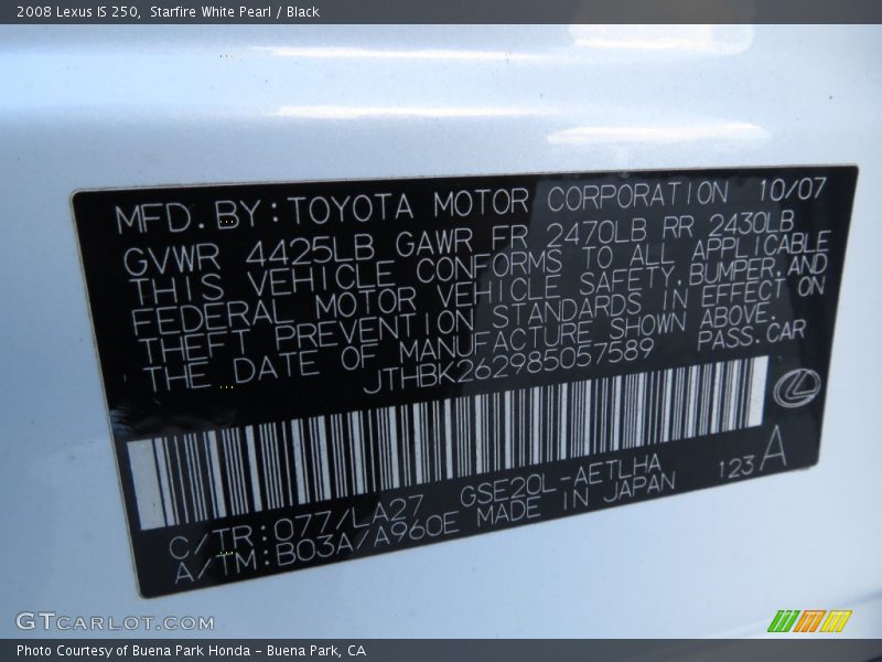 Starfire White Pearl / Black 2008 Lexus IS 250