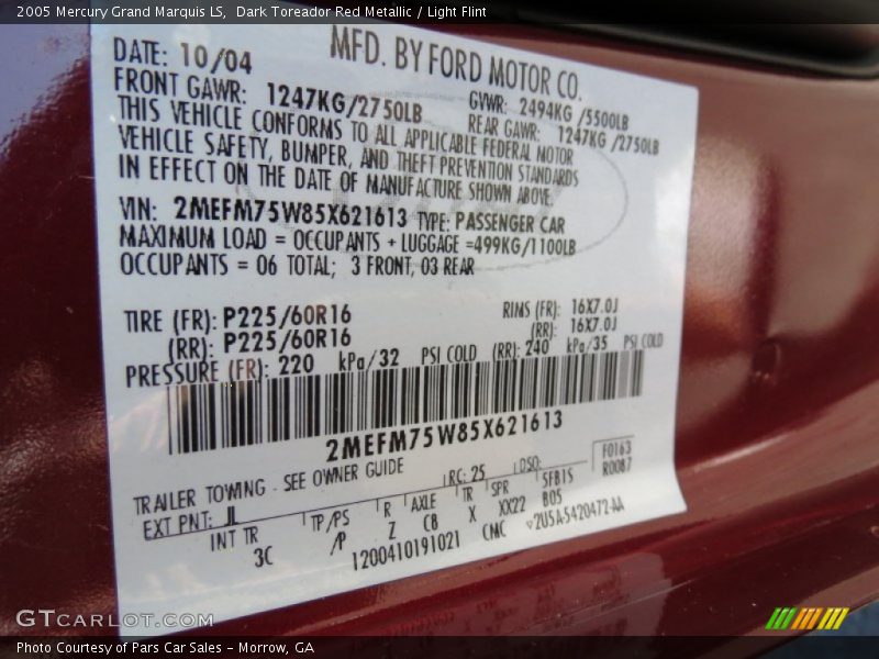 2005 Grand Marquis LS Dark Toreador Red Metallic Color Code JL