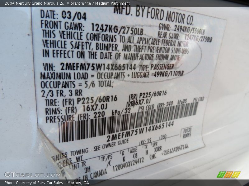 Vibrant White / Medium Parchment 2004 Mercury Grand Marquis LS