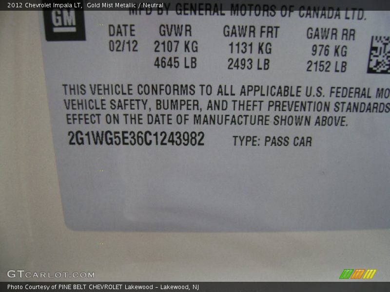 Gold Mist Metallic / Neutral 2012 Chevrolet Impala LT