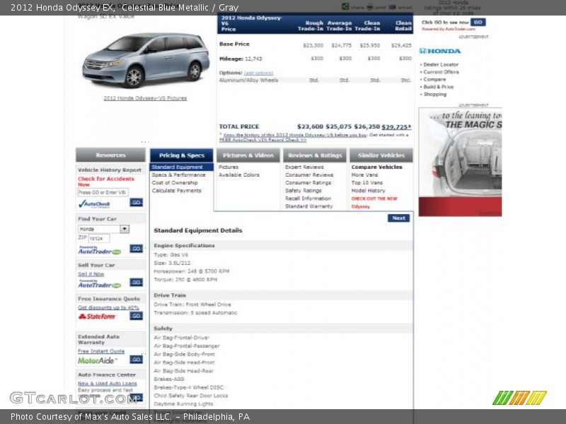 Celestial Blue Metallic / Gray 2012 Honda Odyssey EX