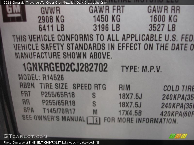 Cyber Gray Metallic / Dark Gray/Light Gray 2012 Chevrolet Traverse LT