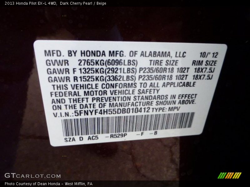 2013 Pilot EX-L 4WD Dark Cherry Pearl Color Code R529P