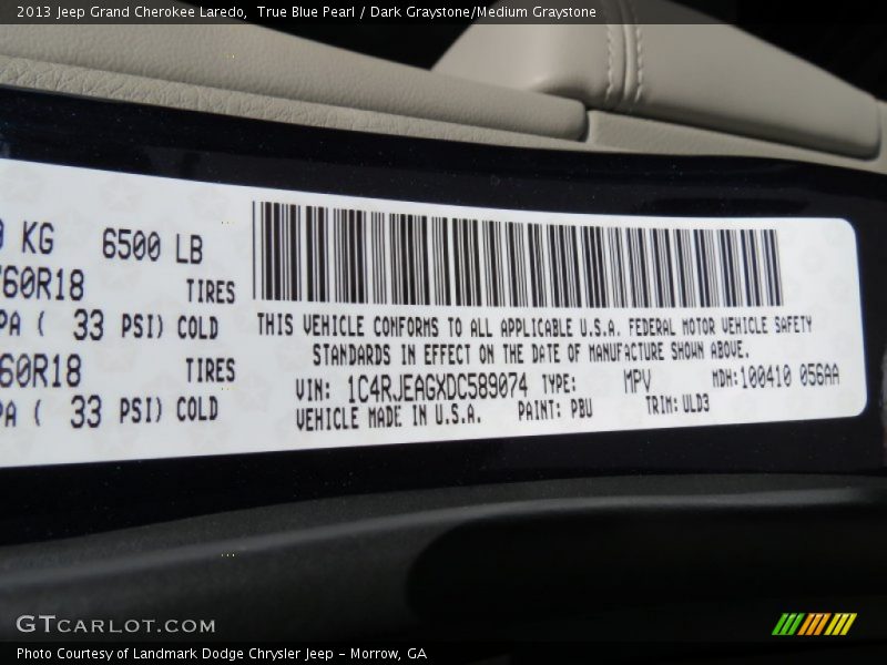 True Blue Pearl / Dark Graystone/Medium Graystone 2013 Jeep Grand Cherokee Laredo