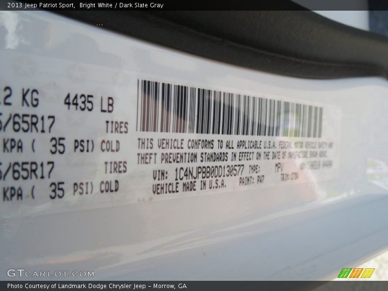 2013 Patriot Sport Bright White Color Code PW7