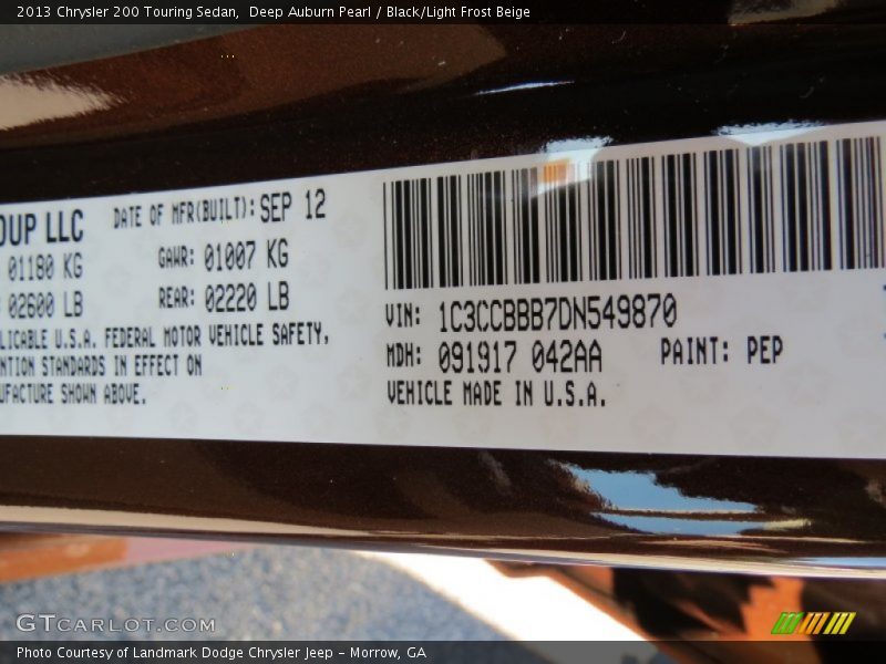 Deep Auburn Pearl / Black/Light Frost Beige 2013 Chrysler 200 Touring Sedan