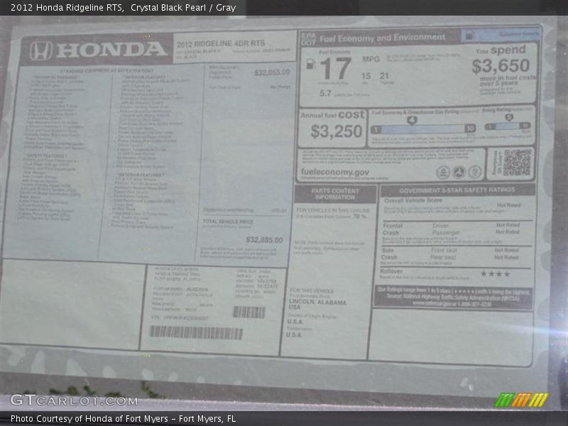 Crystal Black Pearl / Gray 2012 Honda Ridgeline RTS