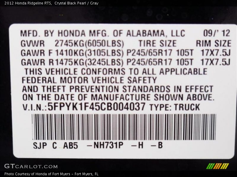 Crystal Black Pearl / Gray 2012 Honda Ridgeline RTS