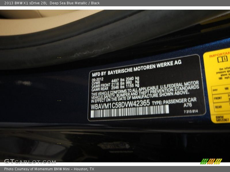 Deep Sea Blue Metallic / Black 2013 BMW X1 sDrive 28i