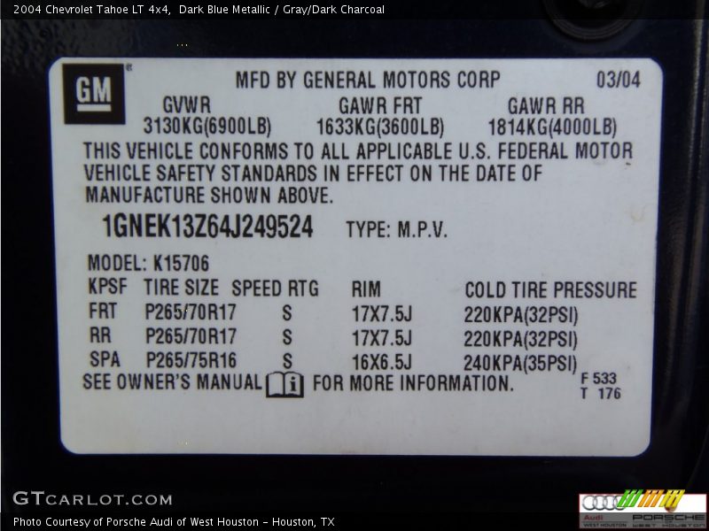 Dark Blue Metallic / Gray/Dark Charcoal 2004 Chevrolet Tahoe LT 4x4