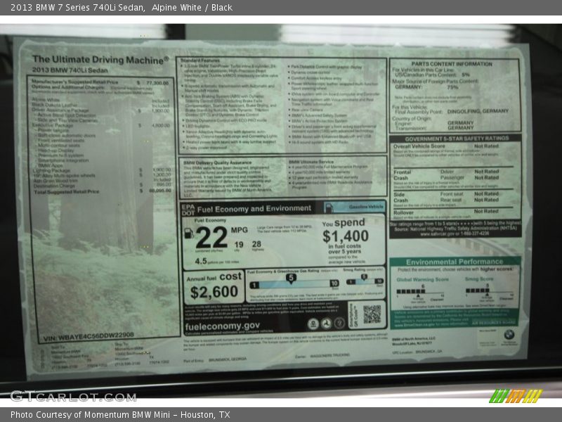  2013 7 Series 740Li Sedan Window Sticker