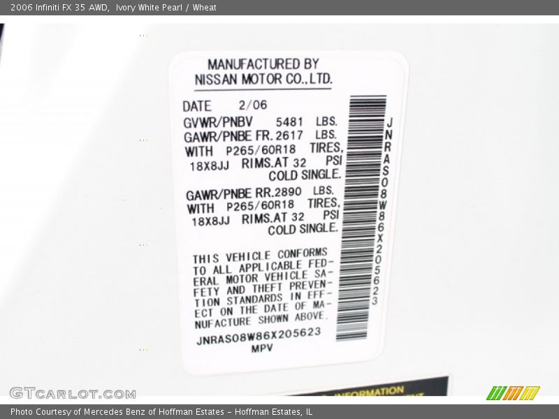 Ivory White Pearl / Wheat 2006 Infiniti FX 35 AWD