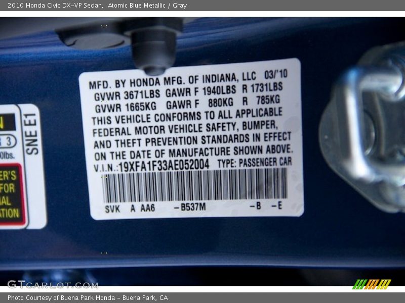Atomic Blue Metallic / Gray 2010 Honda Civic DX-VP Sedan