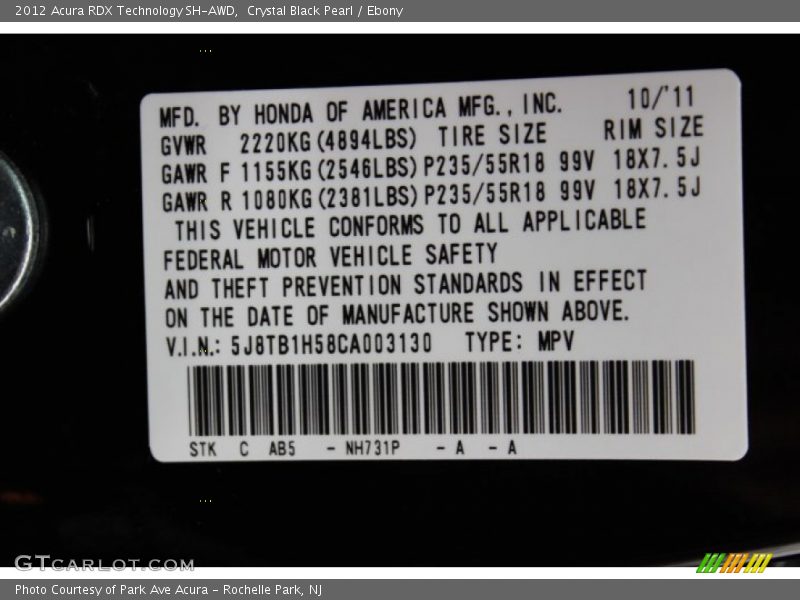 2012 RDX Technology SH-AWD Crystal Black Pearl Color Code NH731P
