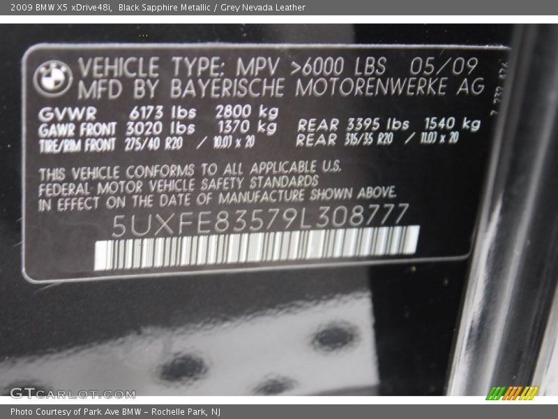 Black Sapphire Metallic / Grey Nevada Leather 2009 BMW X5 xDrive48i