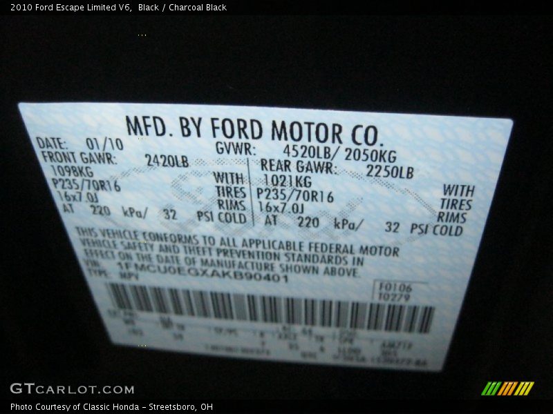Black / Charcoal Black 2010 Ford Escape Limited V6