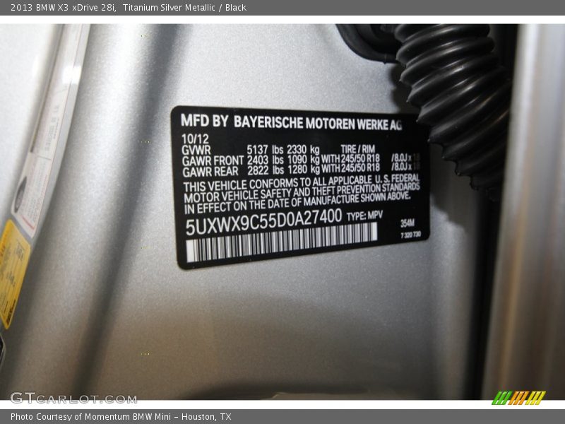 Titanium Silver Metallic / Black 2013 BMW X3 xDrive 28i
