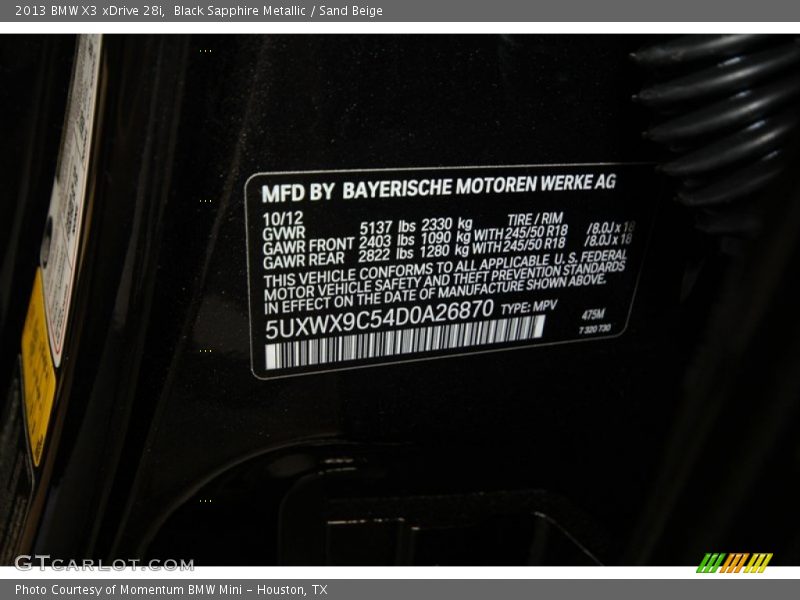 Black Sapphire Metallic / Sand Beige 2013 BMW X3 xDrive 28i