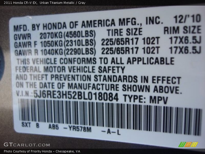 Urban Titanium Metallic / Gray 2011 Honda CR-V EX