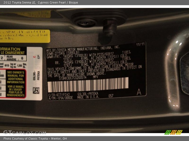 Cypress Green Pearl / Bisque 2012 Toyota Sienna LE