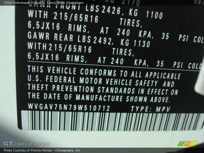 Candy White / Sandstone 2009 Volkswagen Tiguan S