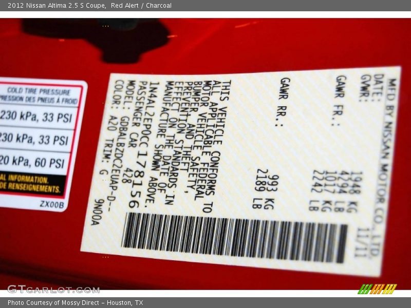 Red Alert / Charcoal 2012 Nissan Altima 2.5 S Coupe