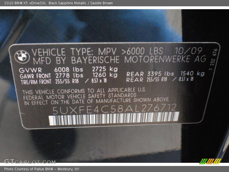 Black Sapphire Metallic / Saddle Brown 2010 BMW X5 xDrive30i