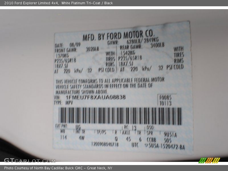 2010 Explorer Limited 4x4 White Platinum Tri-Coat Color Code UG