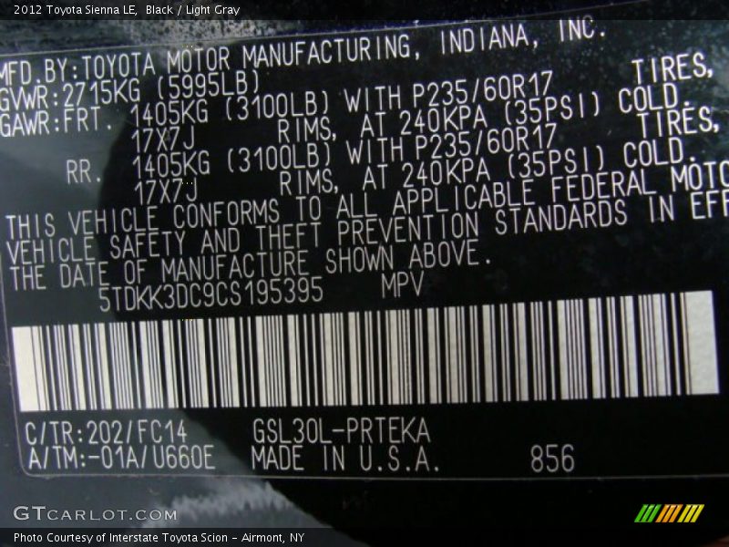 Black / Light Gray 2012 Toyota Sienna LE