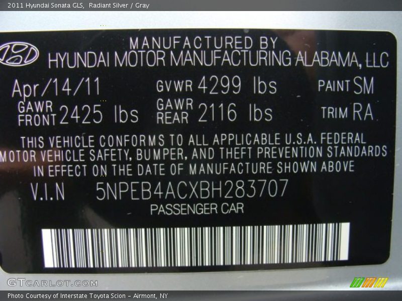 Radiant Silver / Gray 2011 Hyundai Sonata GLS