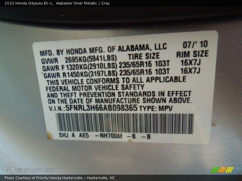 Alabaster Silver Metallic / Gray 2010 Honda Odyssey EX-L