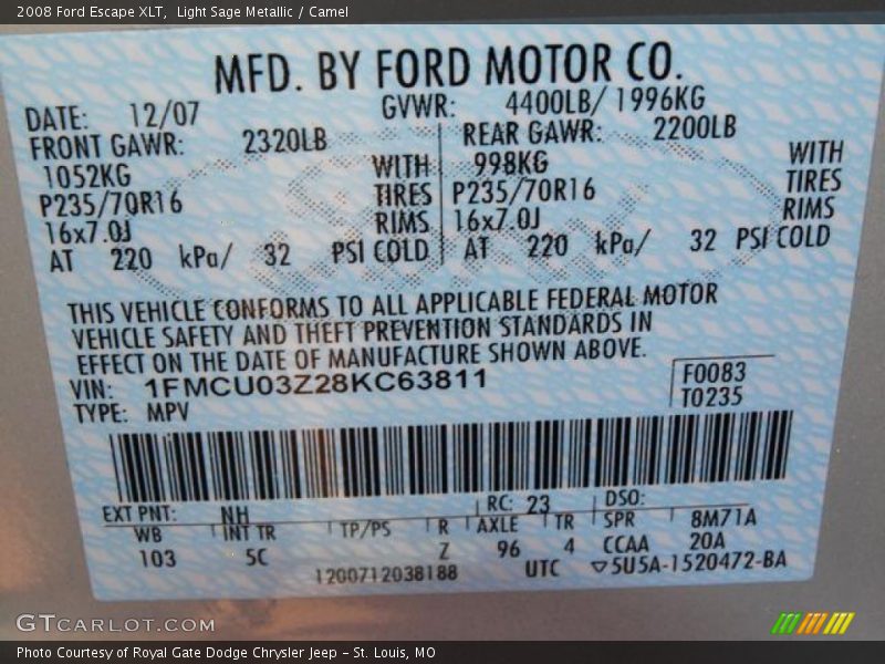 Light Sage Metallic / Camel 2008 Ford Escape XLT