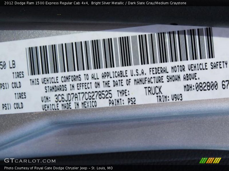 Bright Silver Metallic / Dark Slate Gray/Medium Graystone 2012 Dodge Ram 1500 Express Regular Cab 4x4