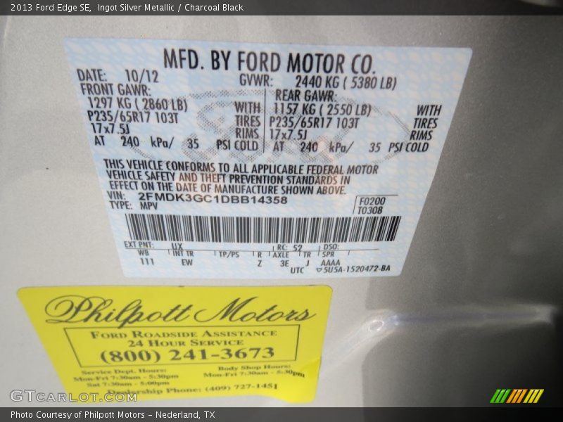 Ingot Silver Metallic / Charcoal Black 2013 Ford Edge SE