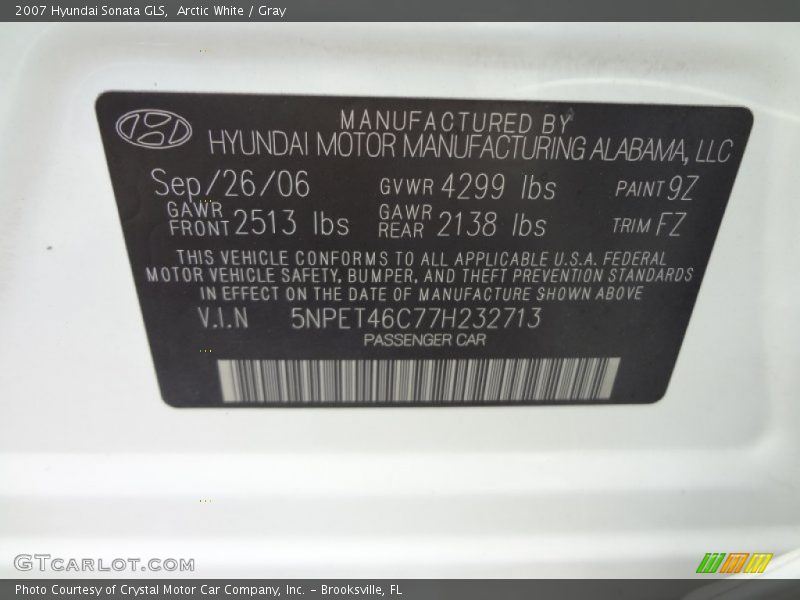 Arctic White / Gray 2007 Hyundai Sonata GLS