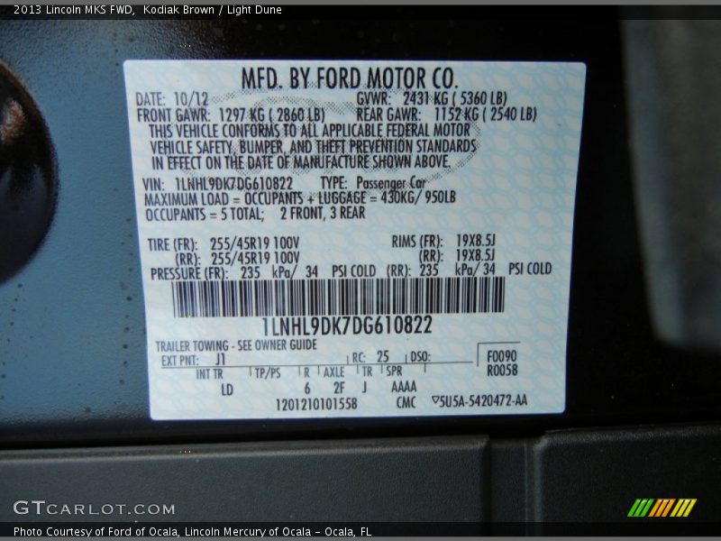 2013 MKS FWD Kodiak Brown Color Code J1