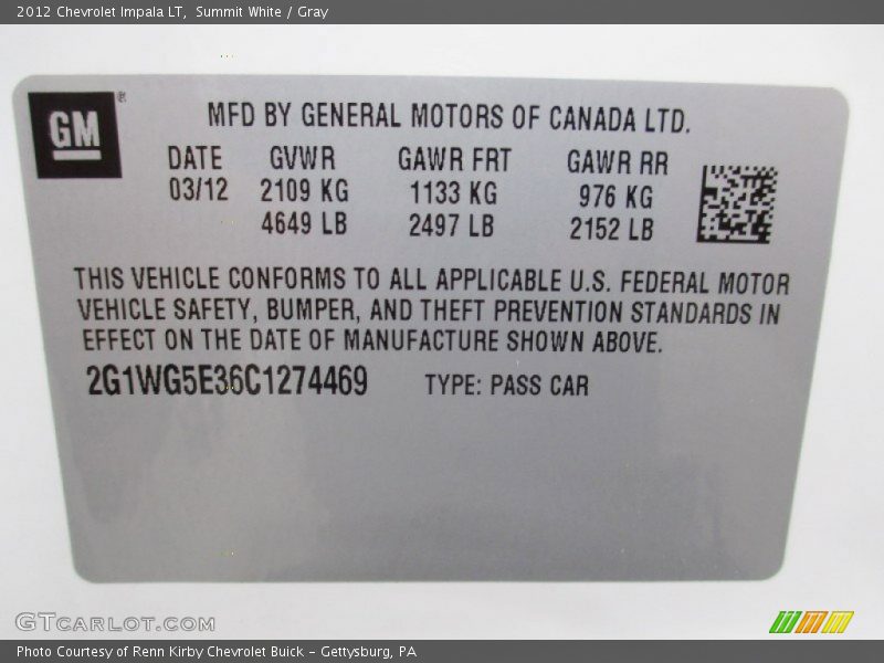 Summit White / Gray 2012 Chevrolet Impala LT